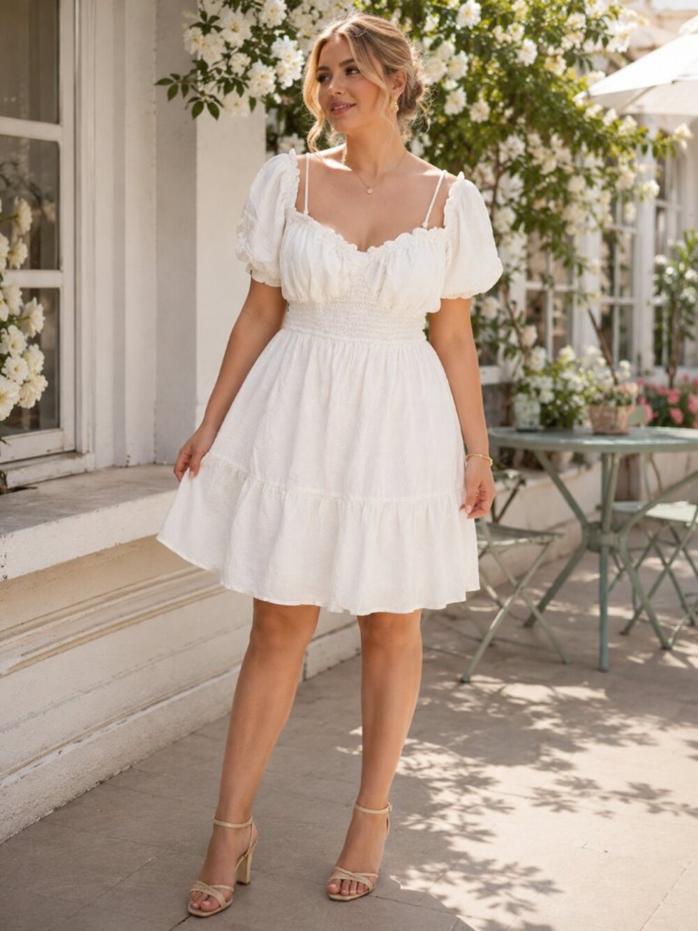 White Cotton Linen Puff Sleeve Smocked Dress Size L